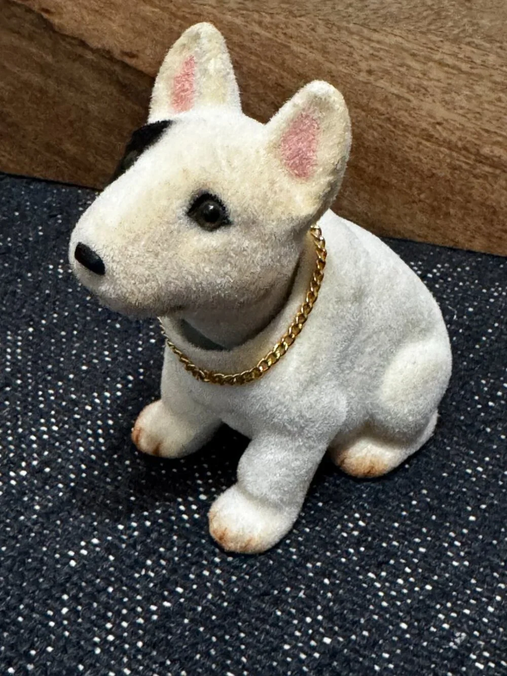 English Bull Terrier Nodder Bobble Dog Flocked Figurine, Vintage Circa 1980-90s